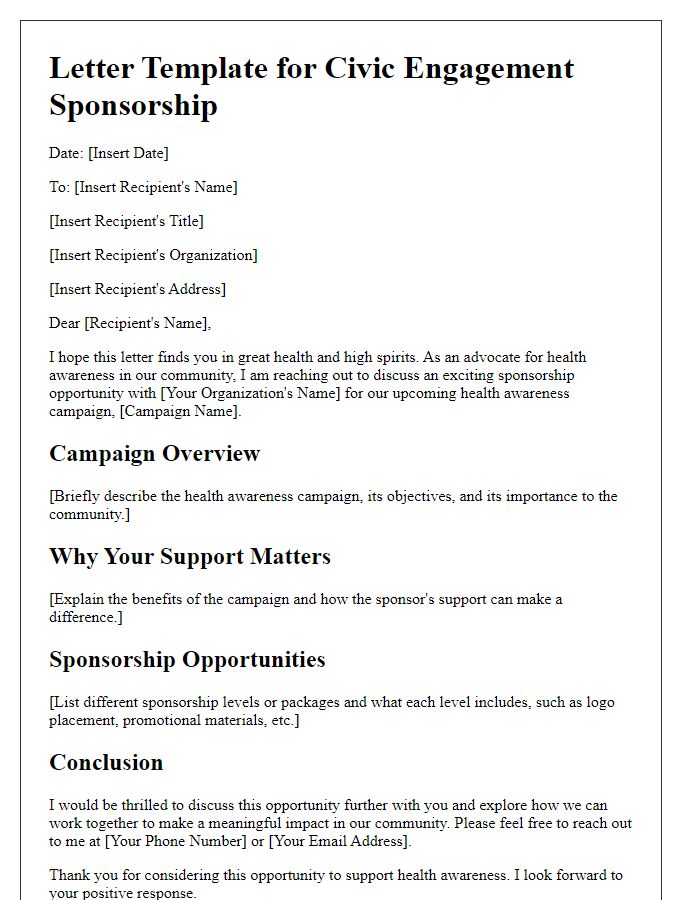 Letter template of civic engagement sponsorship outline for health awareness campaigns