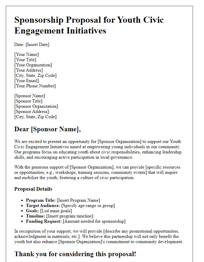 Letter template of civic engagement sponsorship proposal for youth initiatives