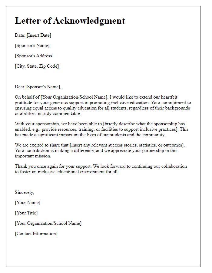 Letter template of acknowledgment for sponsors supporting inclusive education