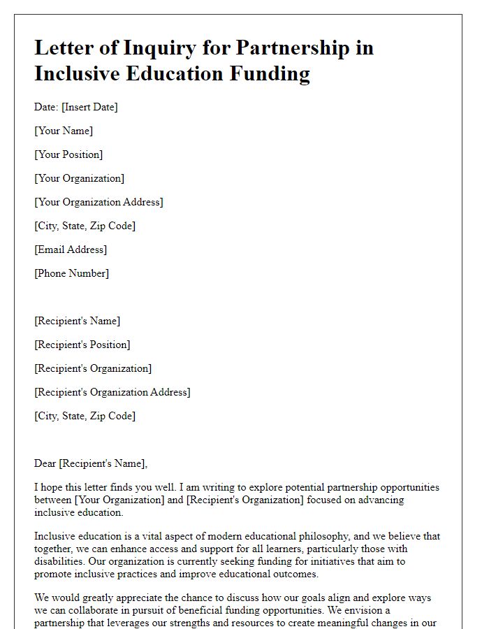 Letter template of inquiry for partnership in inclusive education funding