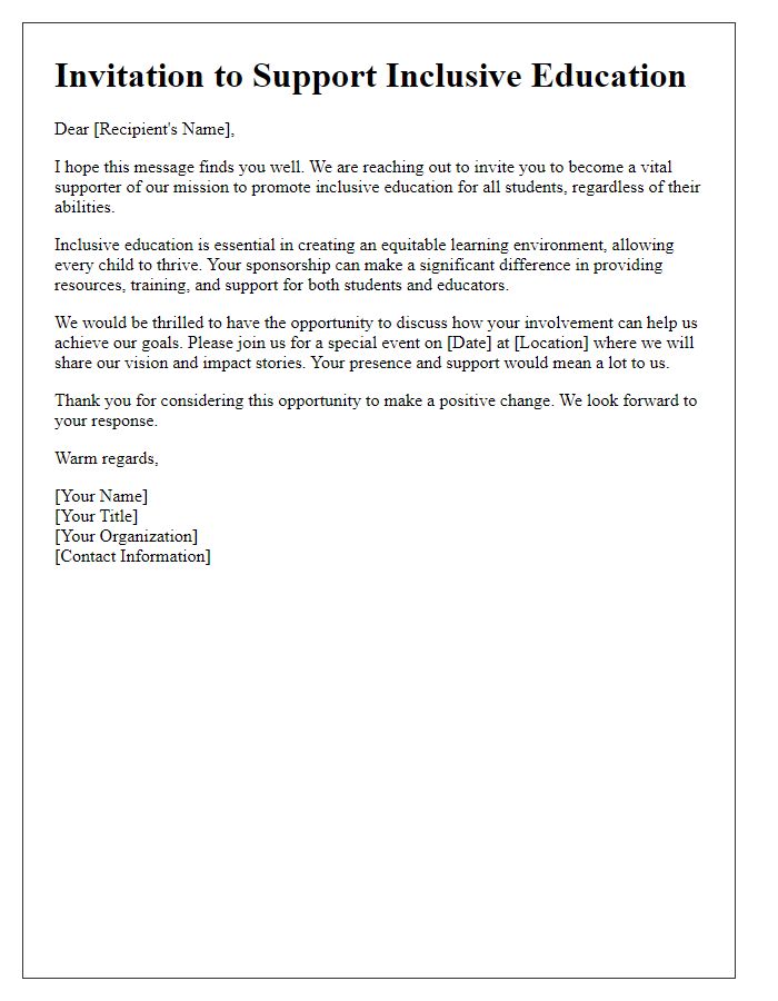 Letter template of invitation to support inclusive education through sponsorship