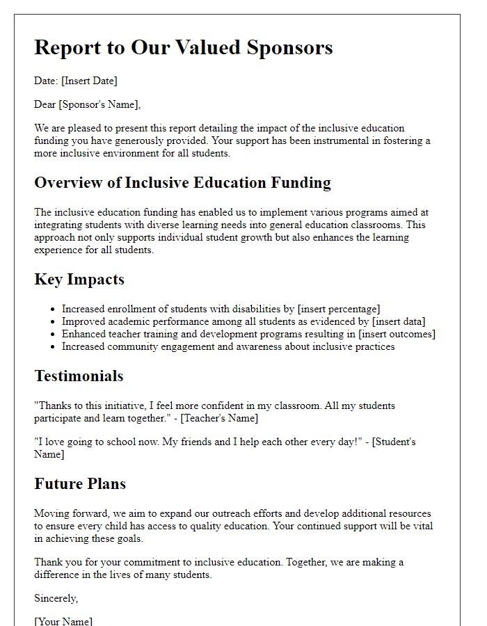 Letter template of report to sponsors on the impact of inclusive education funding