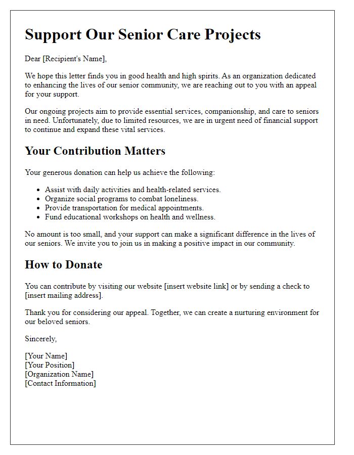 Letter template of appeal for donations to senior care projects