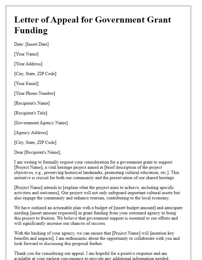 Letter template of appeal for government grant funding for heritage project.