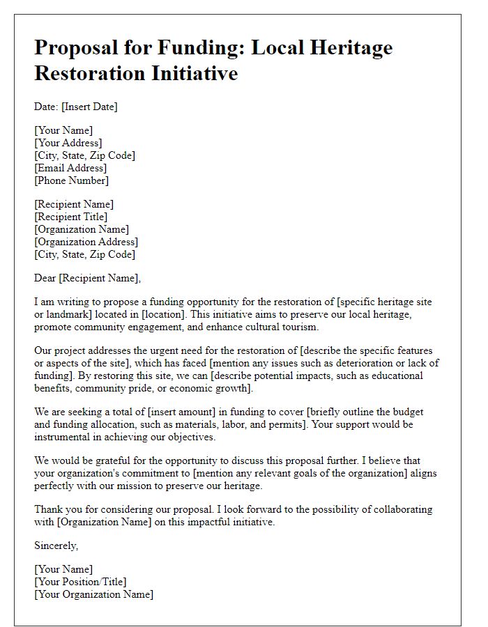 Letter template of proposal for funding a local heritage restoration initiative.