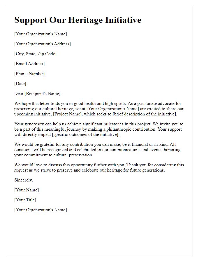 Letter template of solicitation for philanthropic contributions to a heritage initiative.