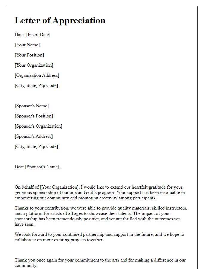 Letter template of appreciation for arts and crafts sponsorship