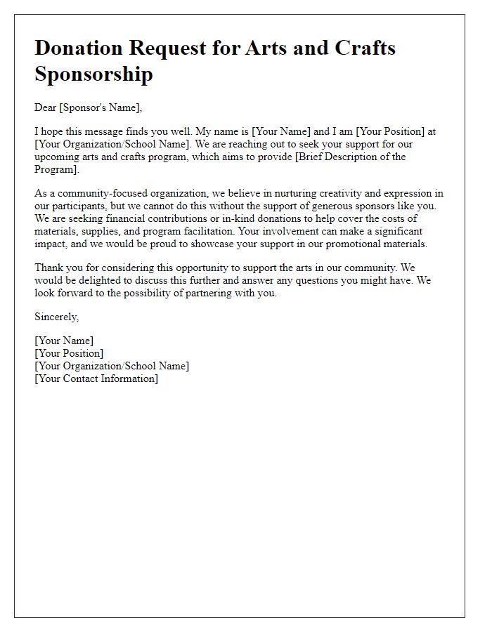 Letter template of donation request for arts and crafts sponsorship