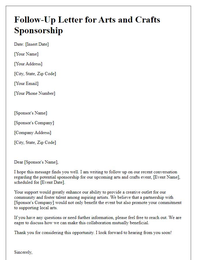 Letter template of follow-up for arts and crafts sponsorship