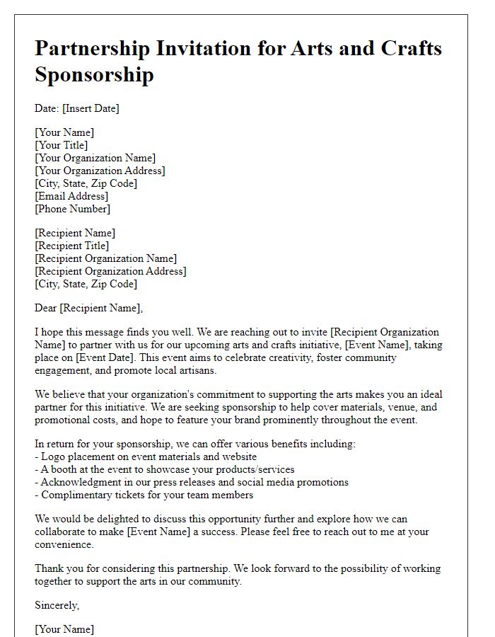 Letter template of partnership invitation for arts and crafts sponsorship