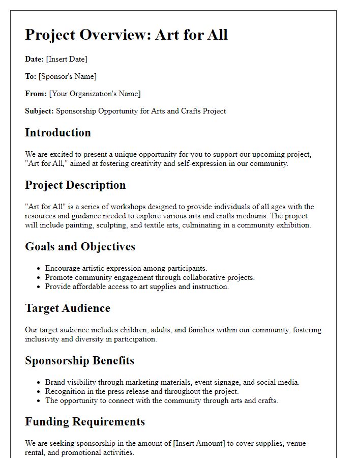 Letter template of project overview for arts and crafts sponsorship