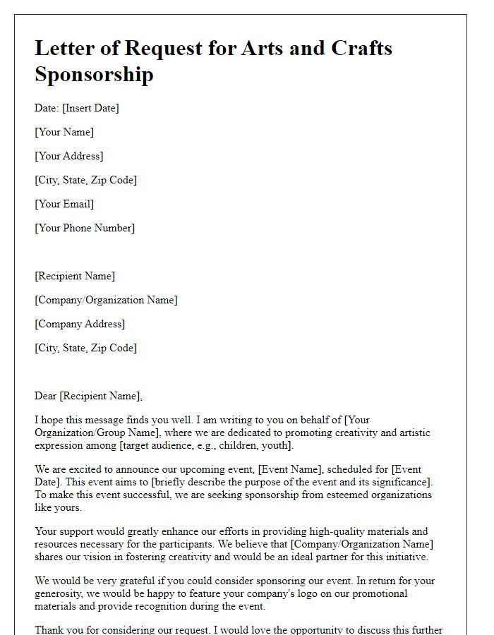 Letter template of request for arts and crafts sponsorship