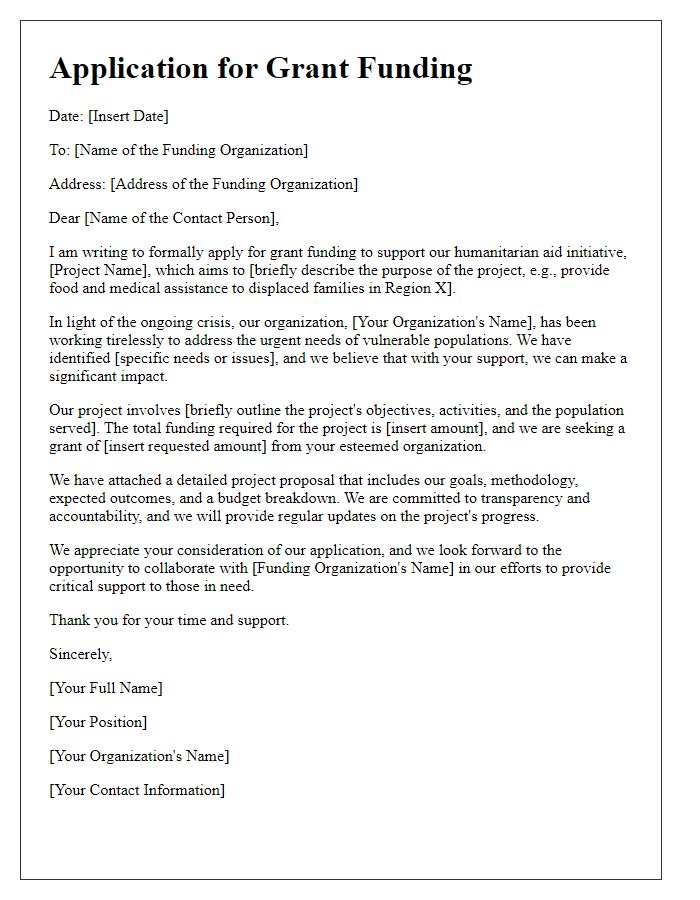 Letter template of humanitarian aid sponsorship application for grant funding