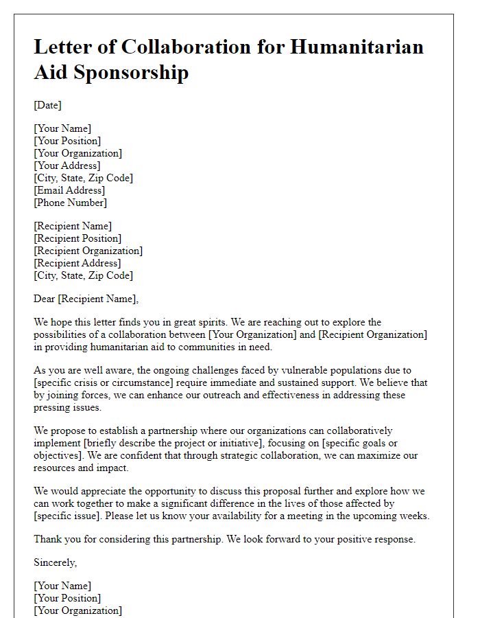 Letter template of humanitarian aid sponsorship collaboration for international agencies