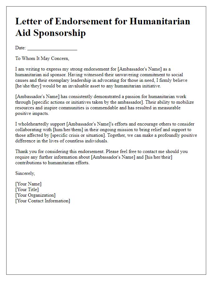 Letter template of humanitarian aid sponsorship endorsement for ambassadors