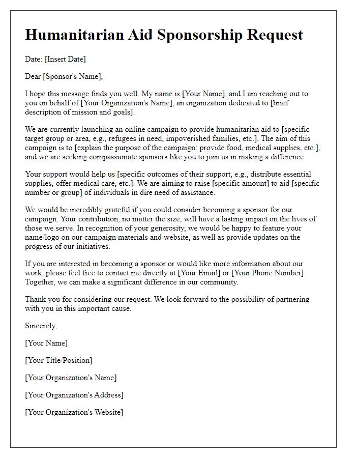 Letter template of humanitarian aid sponsorship letter for online campaigns