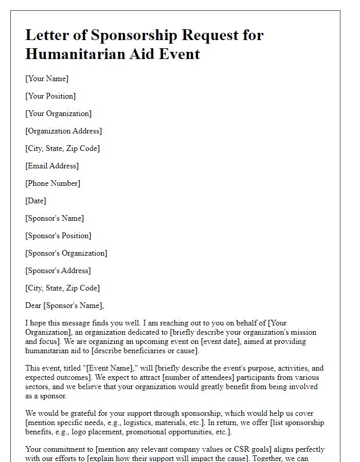 Letter template of humanitarian aid sponsorship outreach for event organizers