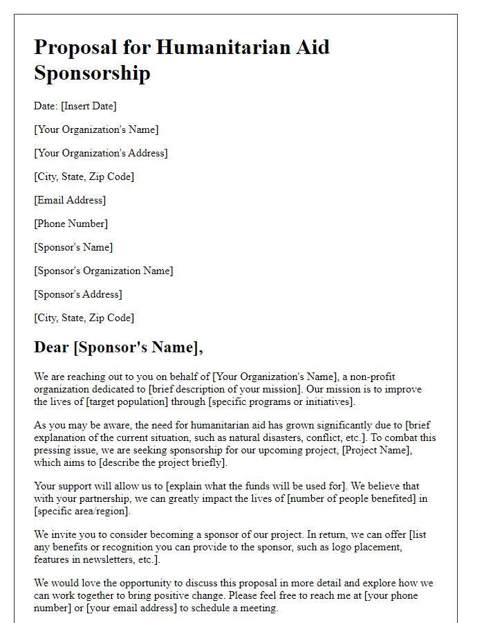 Letter template of humanitarian aid sponsorship proposal for non-profit organizations