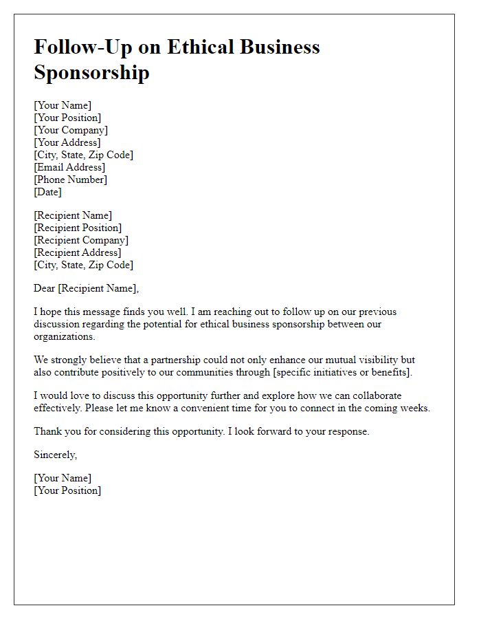 Letter template of follow-up on ethical business sponsorship