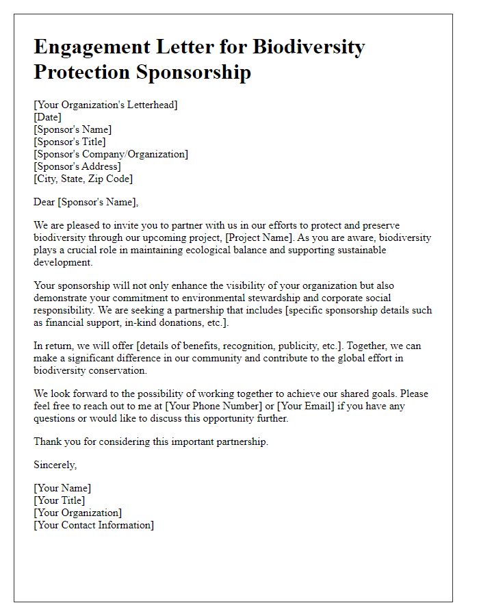 Letter template of engagement for biodiversity protection sponsorship