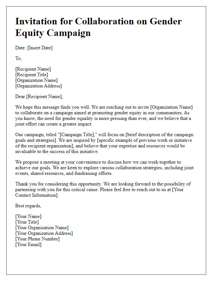 Letter template of collaboration invitation for gender equity campaigns