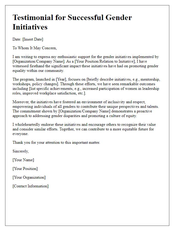 Letter template of testimonial for successful gender initiatives