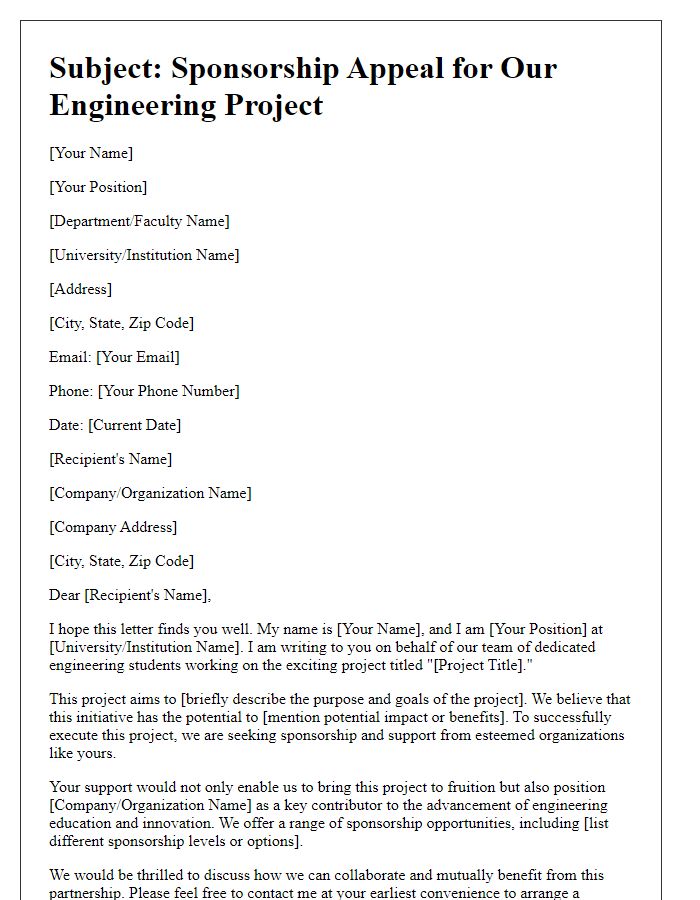 Letter template of engineering project sponsorship appeal for academic institutions