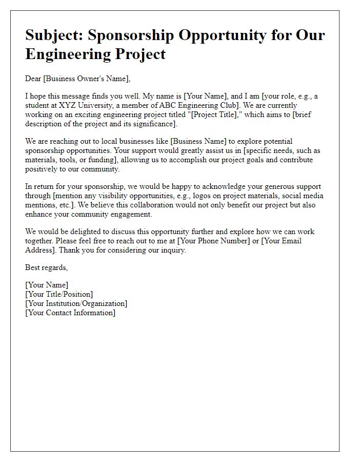 Letter template of engineering project sponsorship inquiry for local businesses