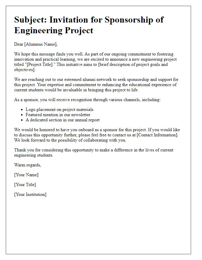 Letter template of engineering project sponsorship notification for alumni networks