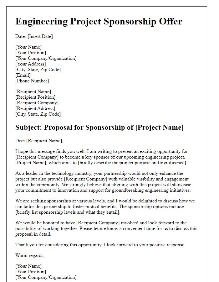 Letter template of engineering project sponsorship offer for technology firms