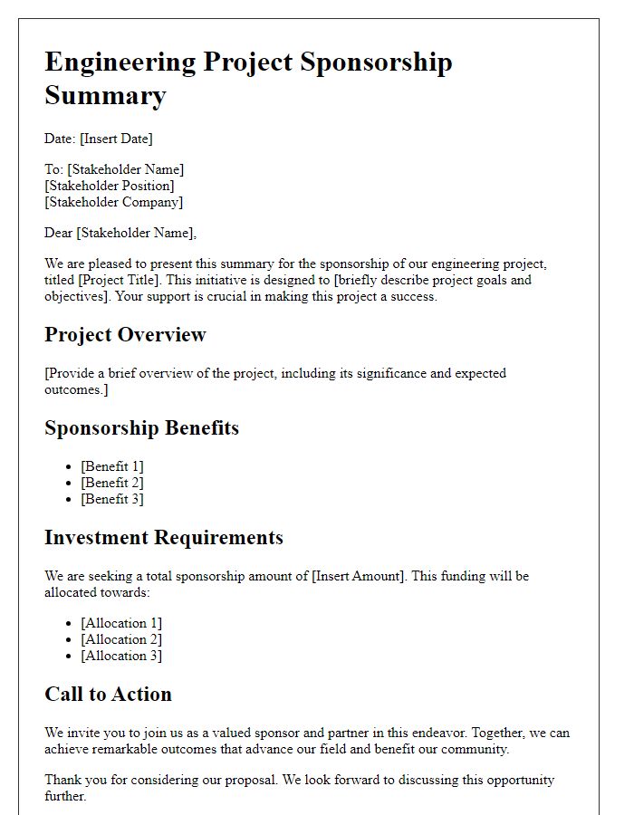 Letter template of engineering project sponsorship summary for project stakeholders