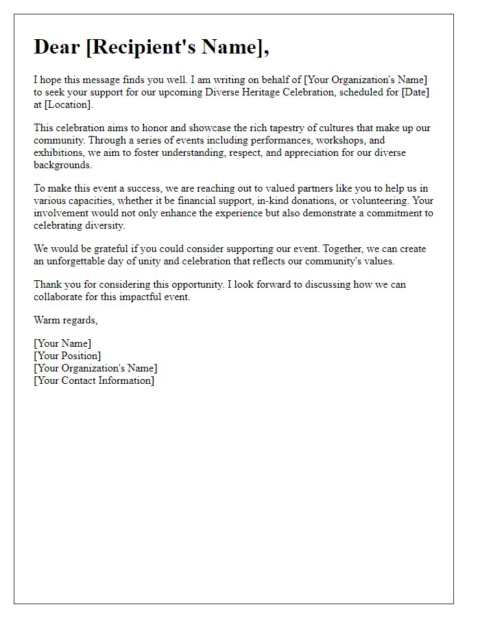 Letter template of appeal for support for a diverse heritage celebration.