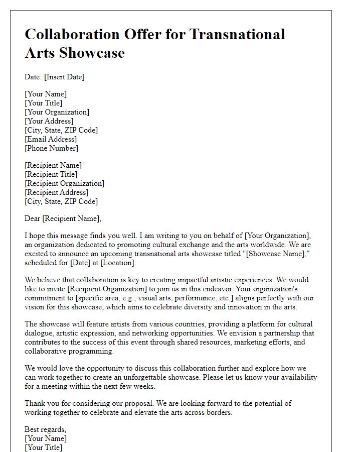 Letter template of collaboration offer for a transnational arts showcase.