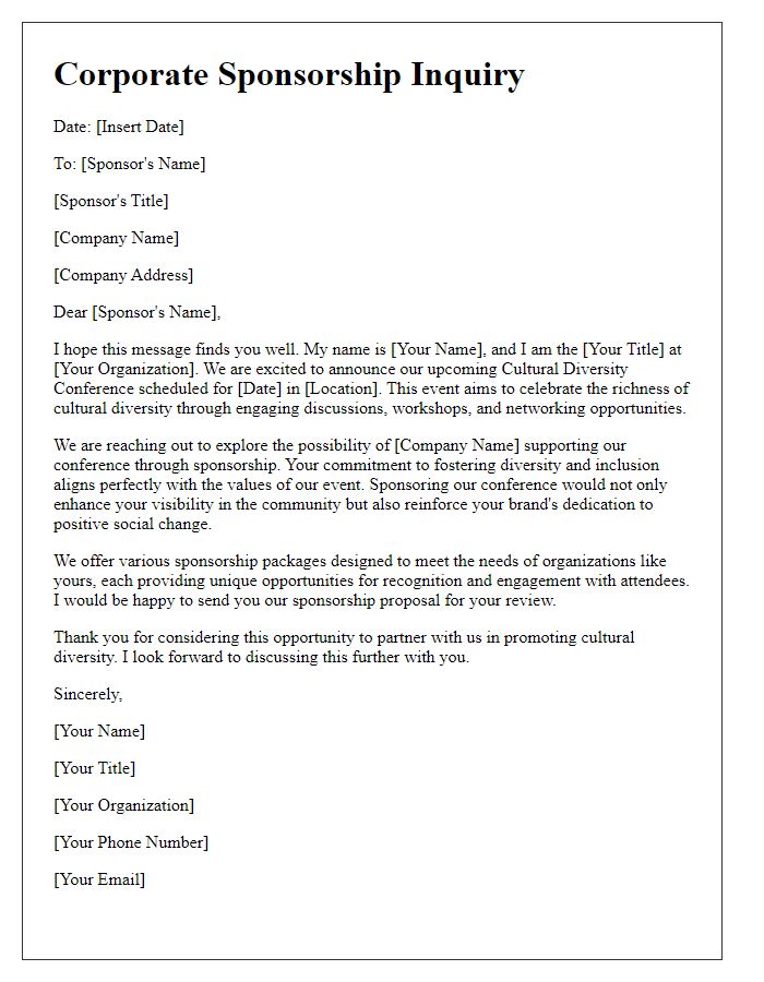 Letter template of corporate sponsorship inquiry for a cultural diversity conference.