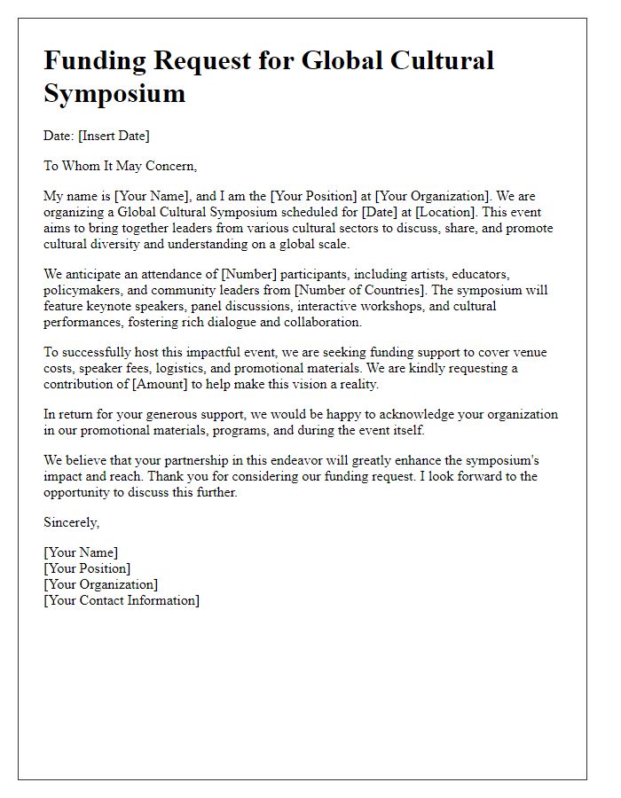 Letter template of funding request for a global cultural symposium.