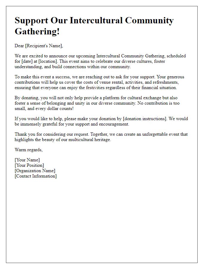 Letter template of fundraising appeal for an intercultural community gathering.