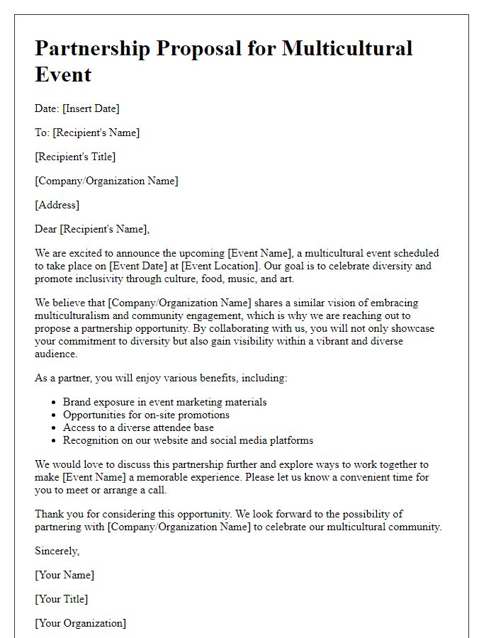 Letter template of partnership proposal for a multicultural event.