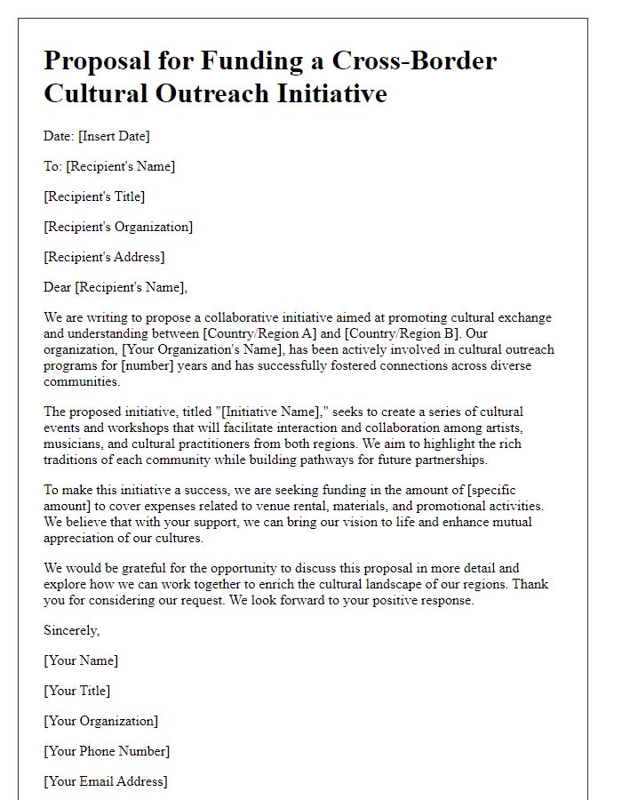 Letter template of proposal for funding a cross-border cultural outreach initiative.