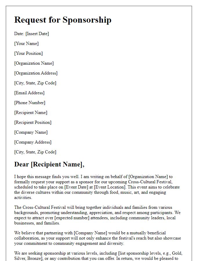 Letter template of request for sponsorship for a cross-cultural festival.