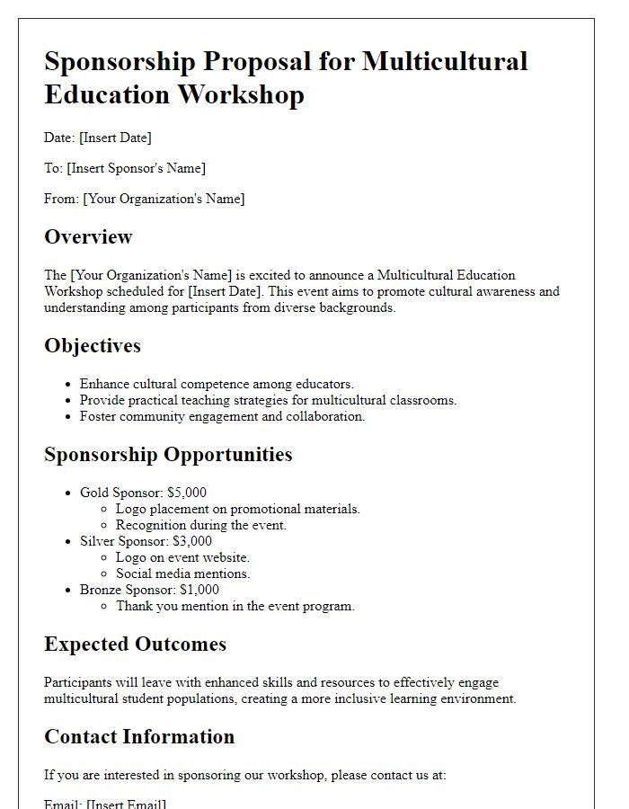 Letter template of sponsorship outline for a multicultural education workshop.