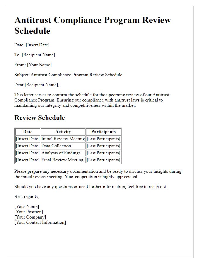 Letter template of Antitrust Compliance Program Review Schedule