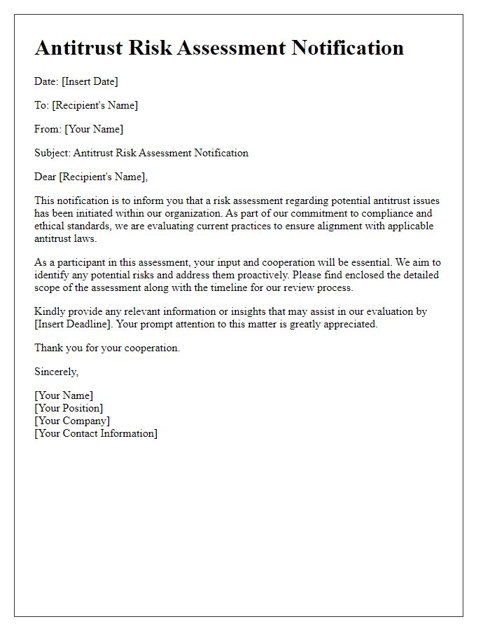 Letter template of Antitrust Risk Assessment Notification