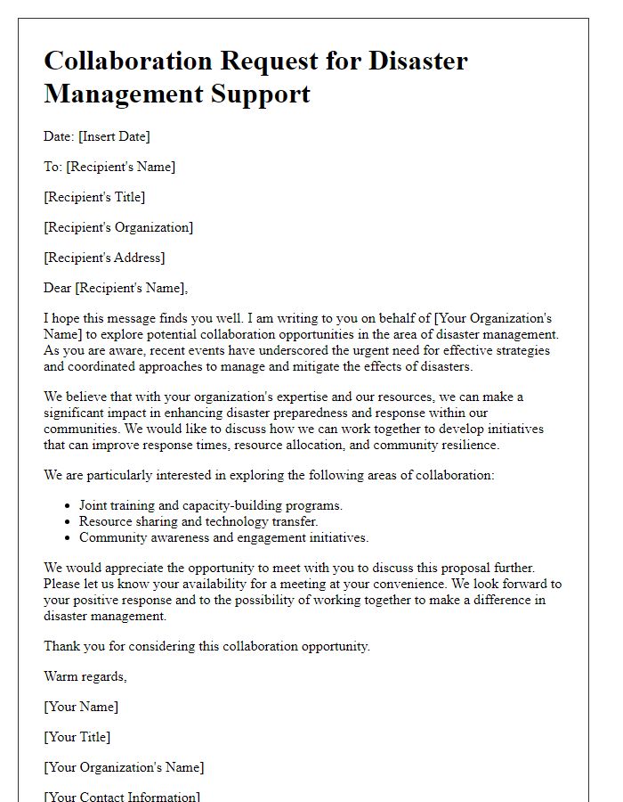 Letter template of collaboration request for disaster management support