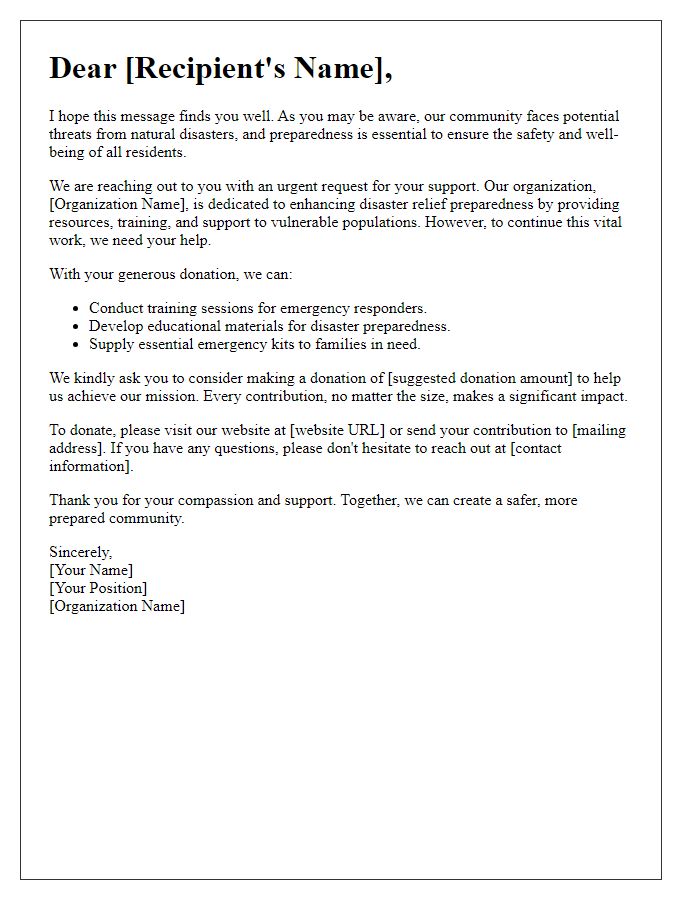 Letter template of donation solicitation for disaster relief preparedness