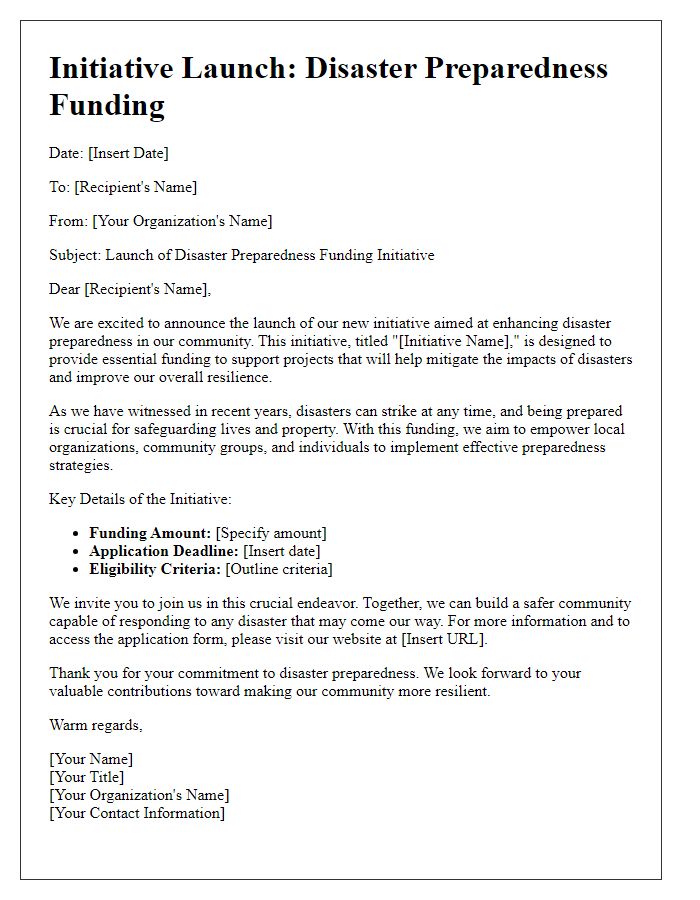 Letter template of initiative launch for disaster preparedness funding