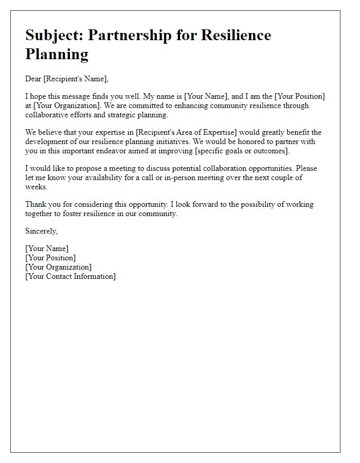 Letter template of outreach for resilience planning partnership