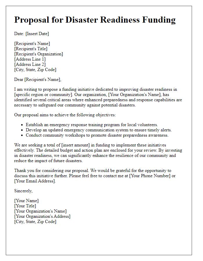 Letter template of proposal for disaster readiness funding