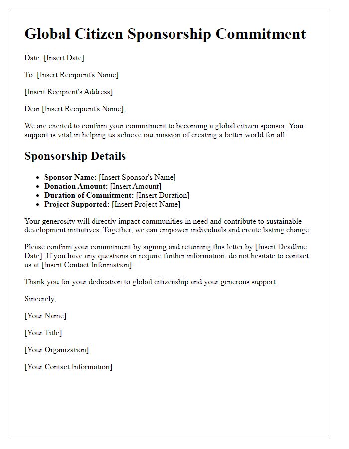 Letter template of global citizen sponsorship commitment