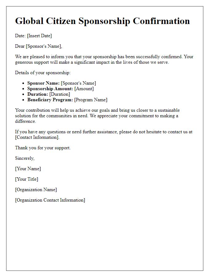 Letter template of global citizen sponsorship confirmation