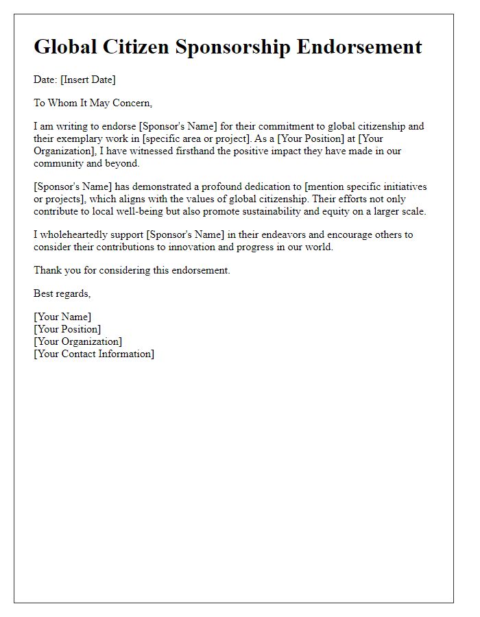 Letter template of global citizen sponsorship endorsement